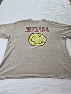 Nirvana Vintage Smiley Face Band Tee in Faded Tan